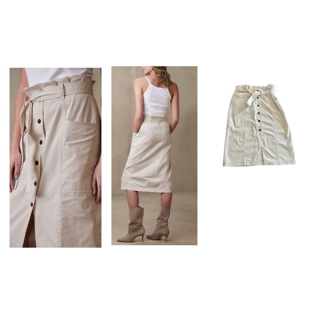 SZ 14P NWT Banana Republic Cotton Paperbag Waist Midi Skirt in Stone